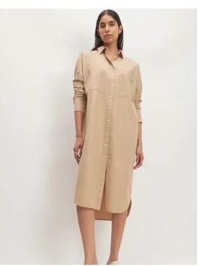 Everlane‎ Oxford Midi Long Sleeve T-Shirt Dress XS Tan Khaki Button Down Cotton